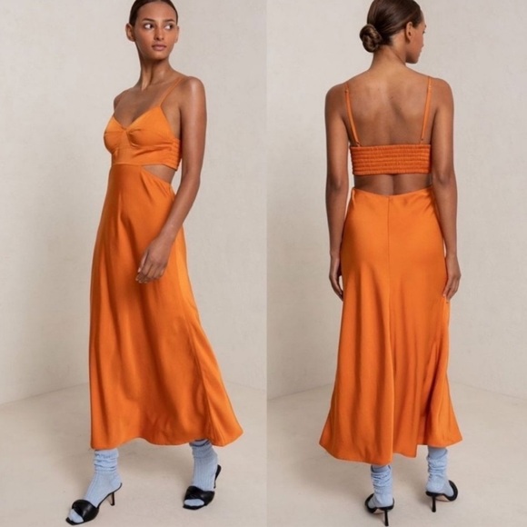 A.L.C. Blakely Cut Out Midi Dress in Rust Orange Size 10 Satin Flaw - Picture 12 of 14